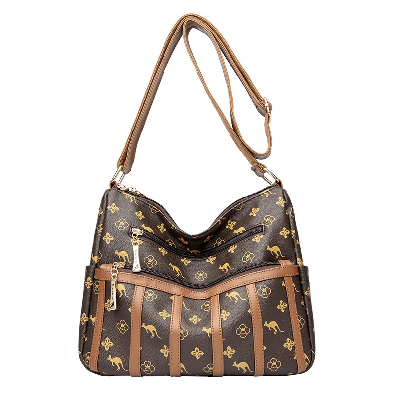 A019 in Brown print, shoulder bag, front view