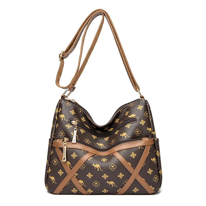 A020 in Brown print, shoulder bag, front view