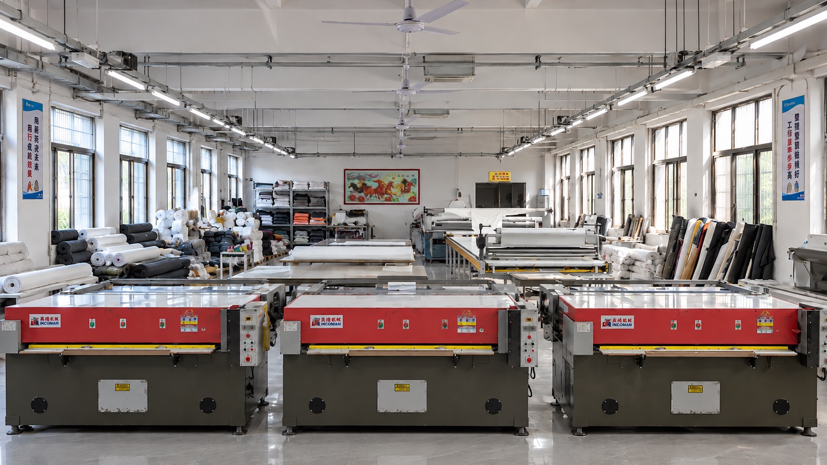 Red cutting machines and worktables in the SHANGBAIGE production equipment area