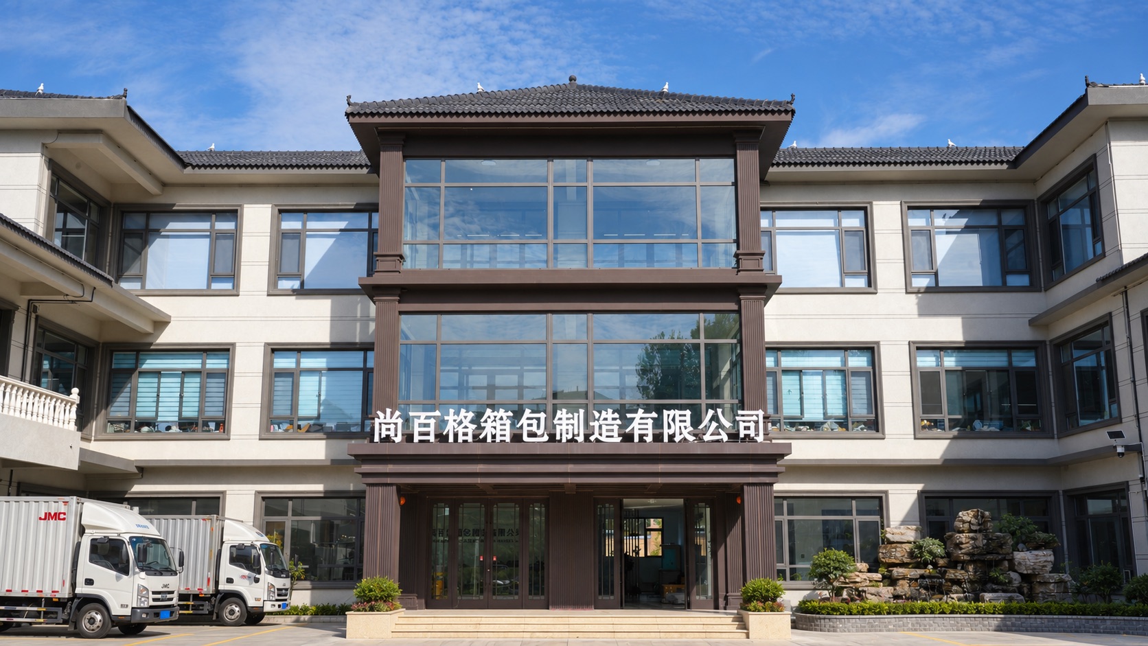 SHANGBAIGE company building with its name above the factory entrance