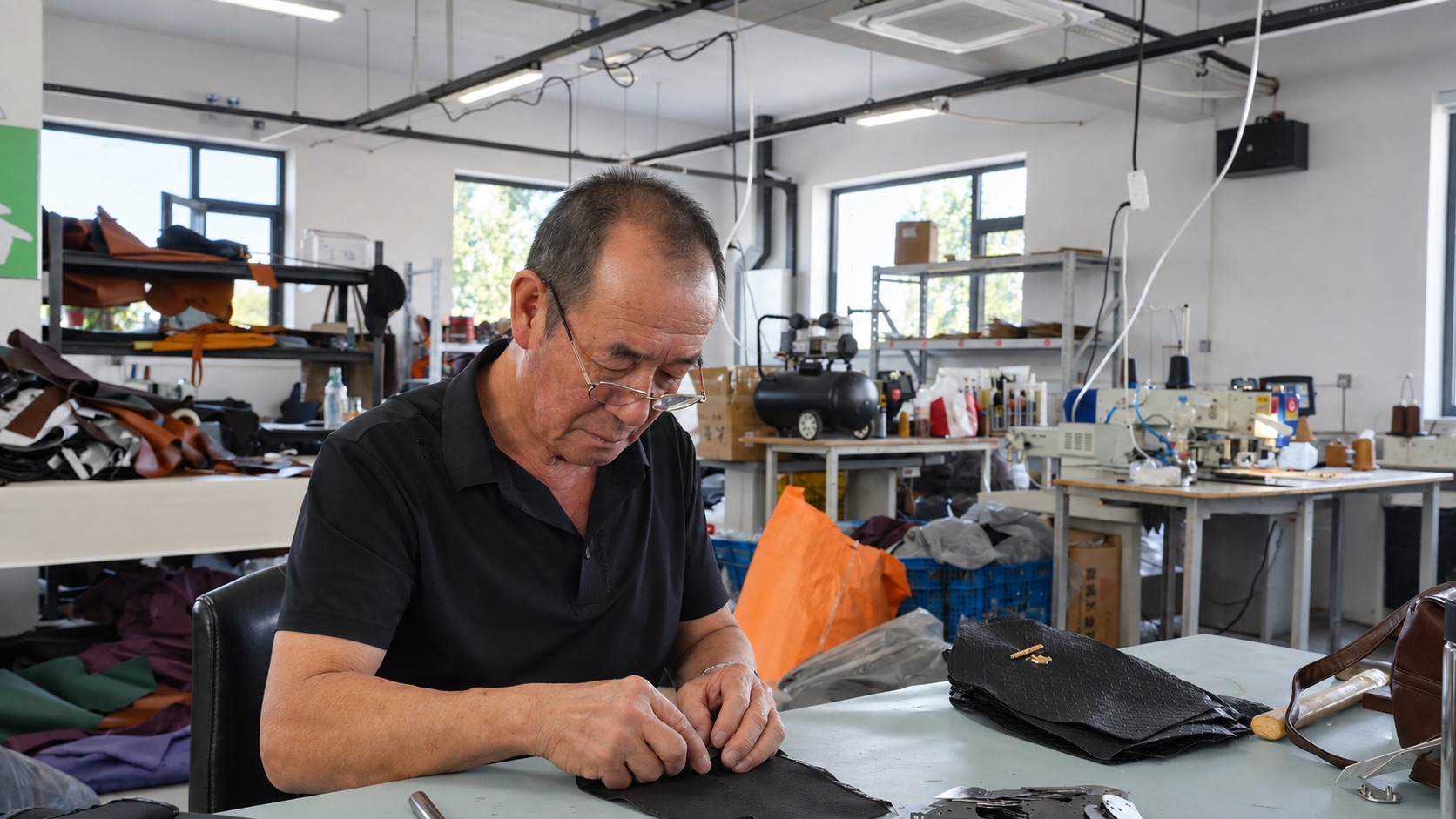 A SHANGBAIGE craftsman assembling bag components by hand at his worktable