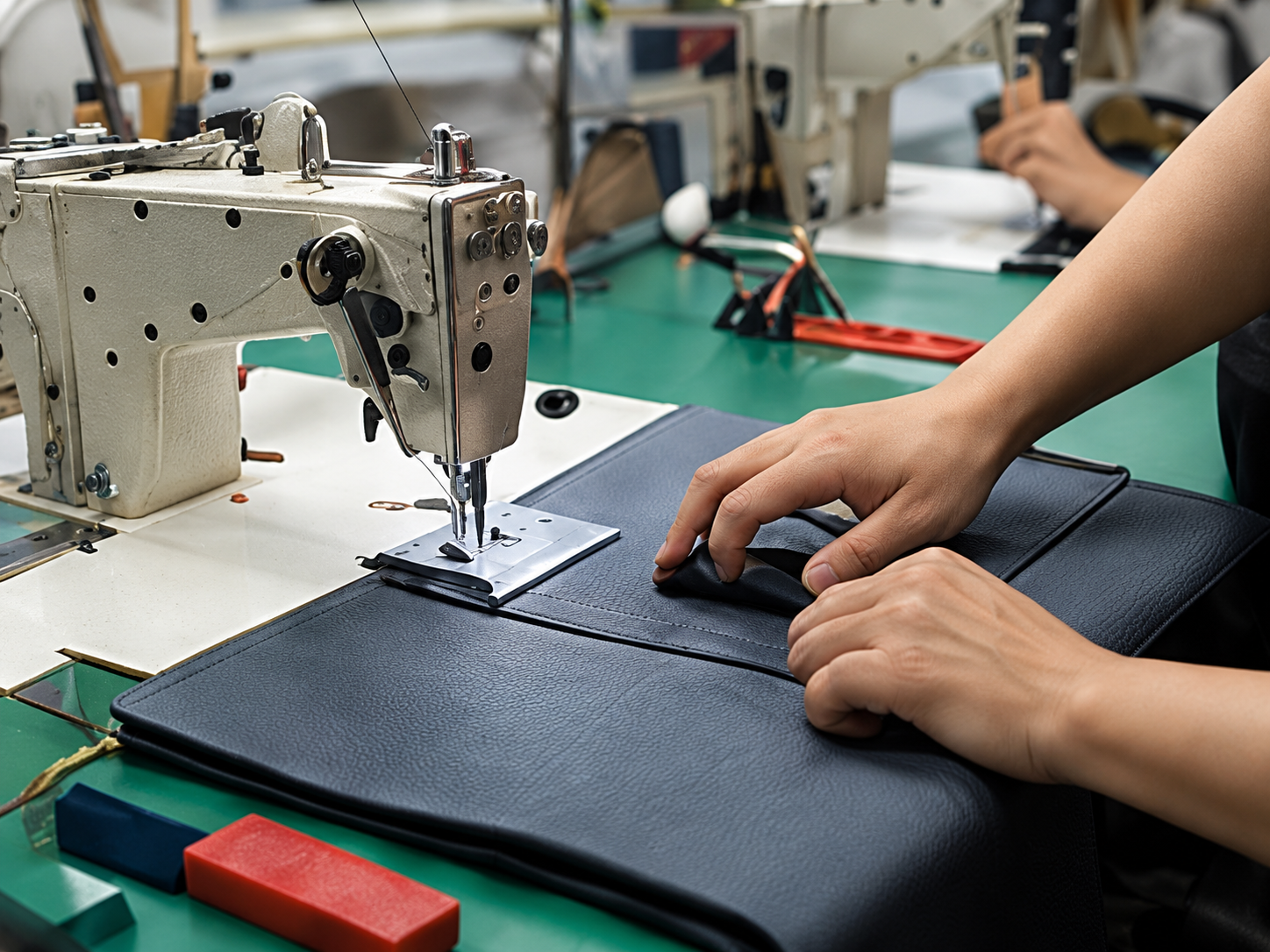 Hands operating an industrial sewing machine on a black bag panel