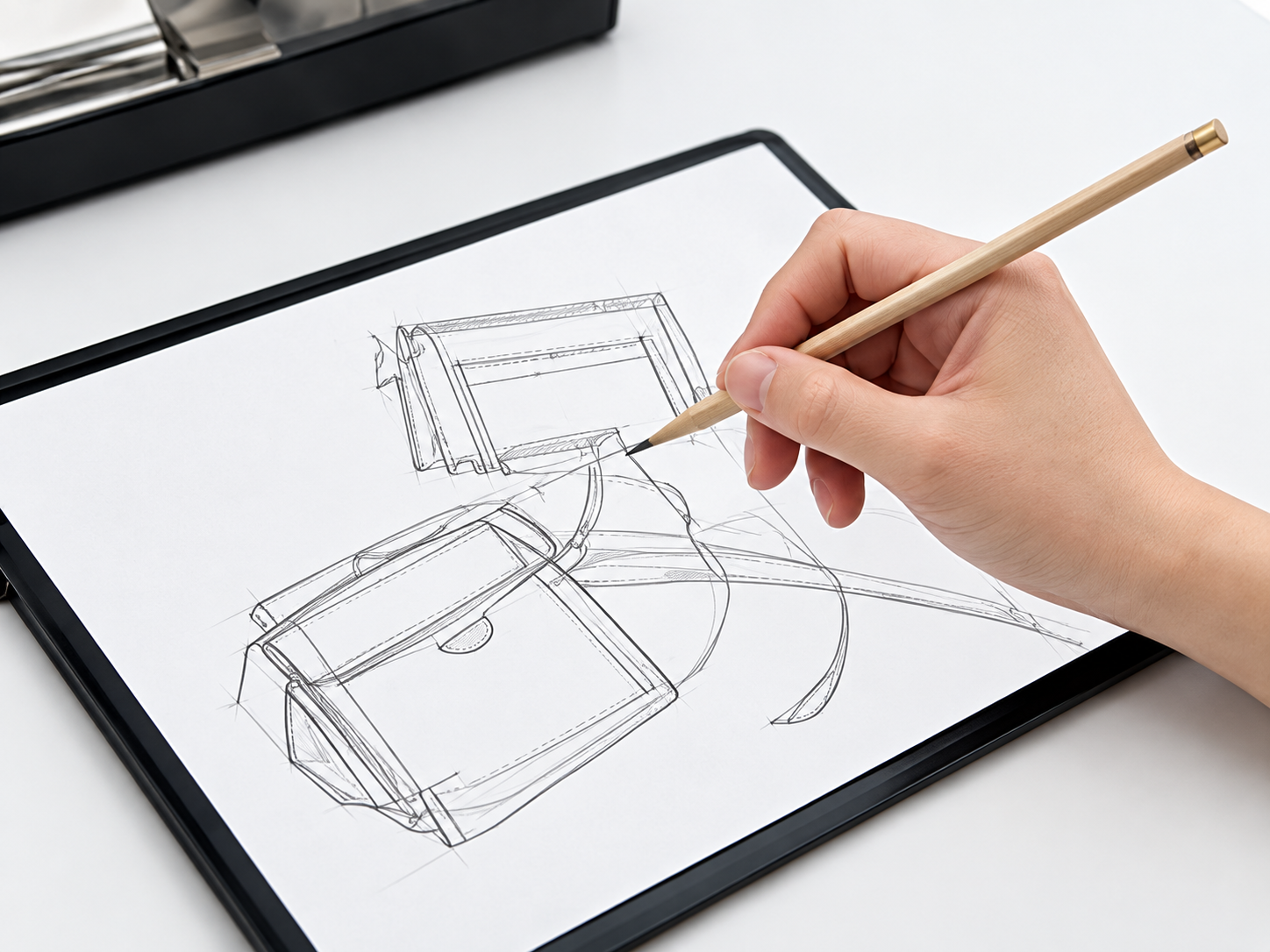 Hand sketching handbag designs on a drawing board