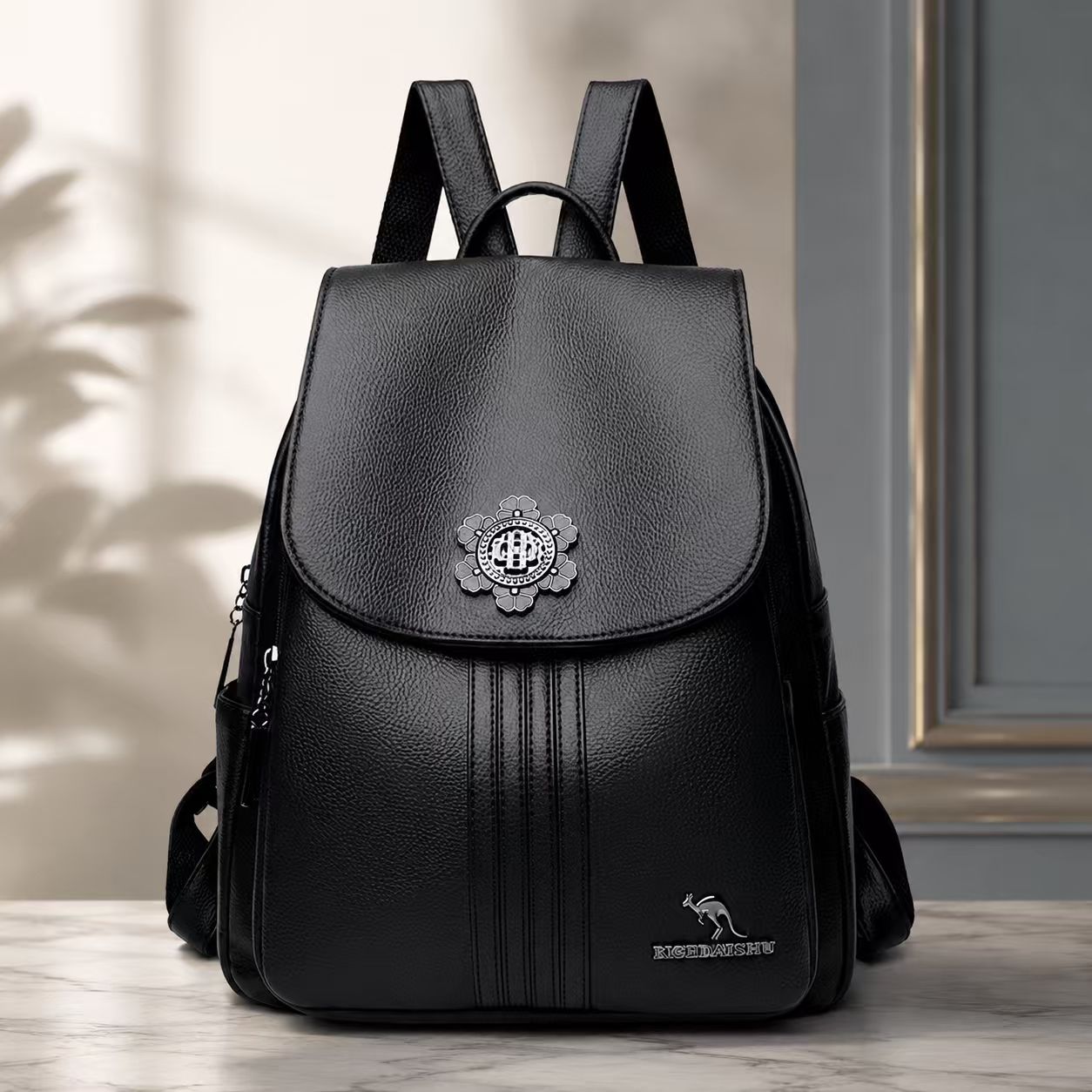 Black PU backpack for women