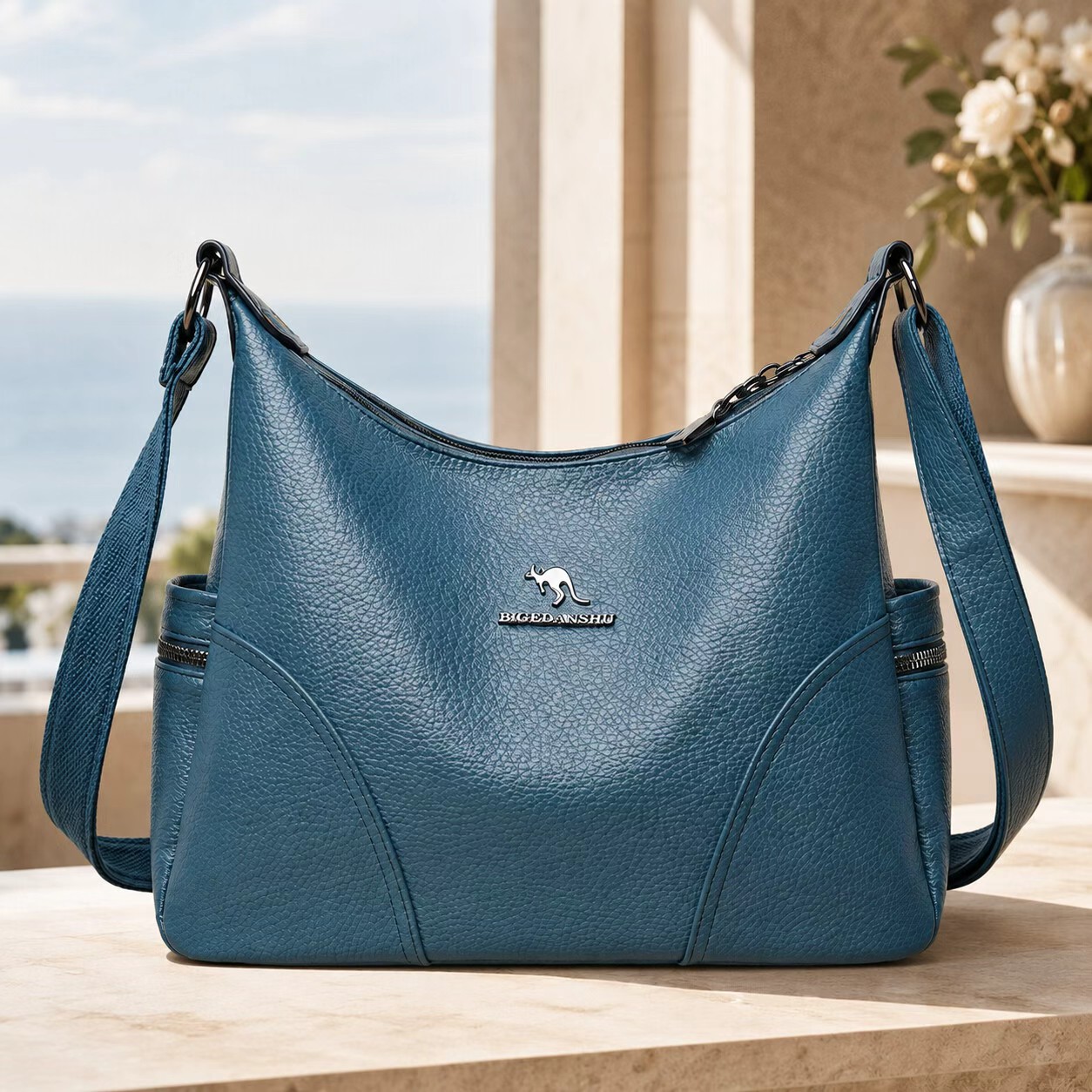 Blue PU shoulder bag for women